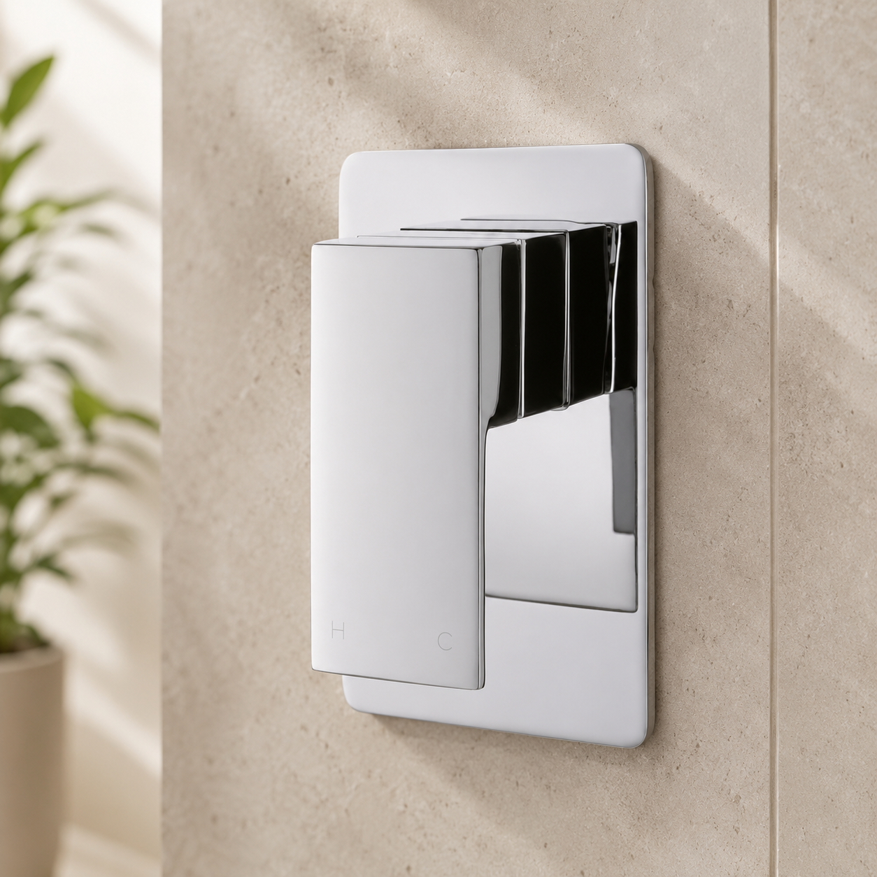 Premium chrome shower mixer mockup in a contemporary spa-style bathroom with warm neutral stone wall design.