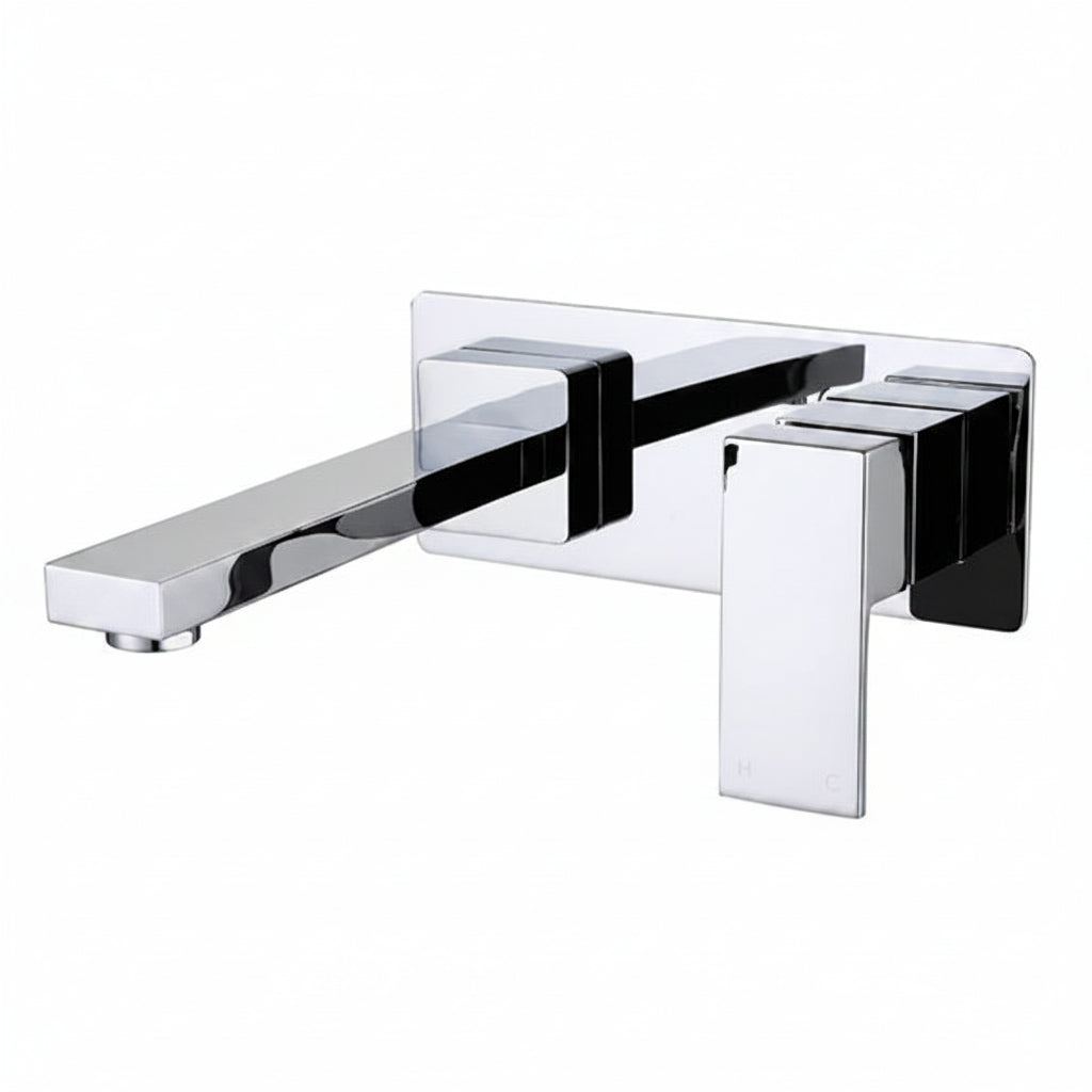 Modern chrome wall-mounted basin mixer mockup in a luxury minimalist bathroom setting with soft natural lighting.