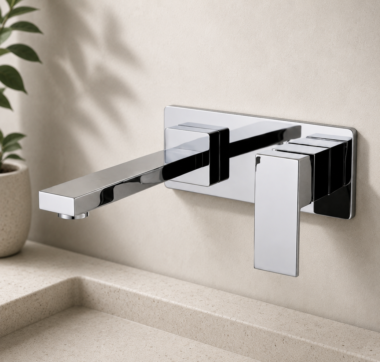 Premium square chrome wall basin mixer tap styled in a contemporary bathroom interior with elegant stone vanity.