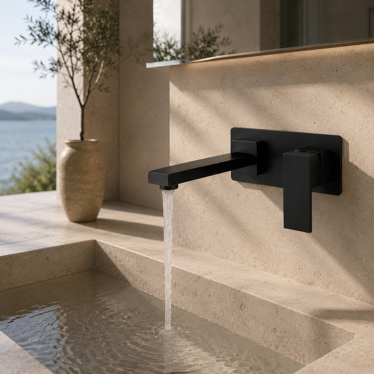 Modern matte black wall-mounted basin mixer tap with running water in a luxury minimalist bathroom featuring natural stone textures and warm sunlight.