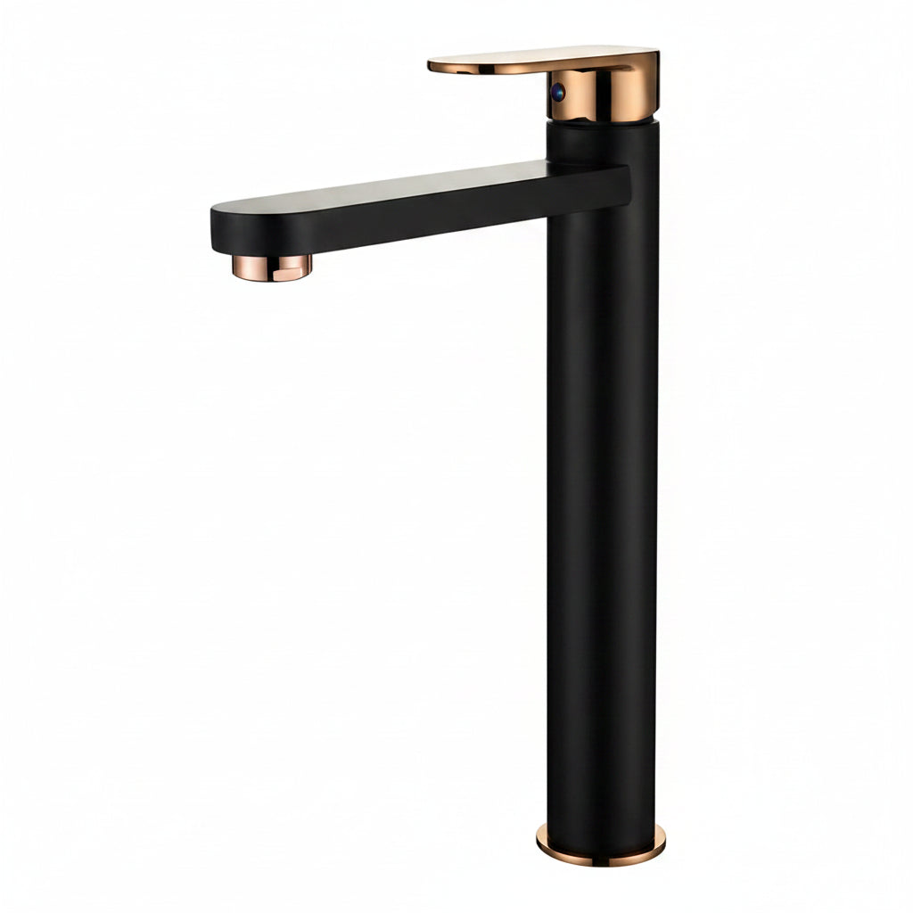Luxury black and rose gold tall basin mixer tap on a stone vanity in a modern minimalist bathroom with warm natural light.