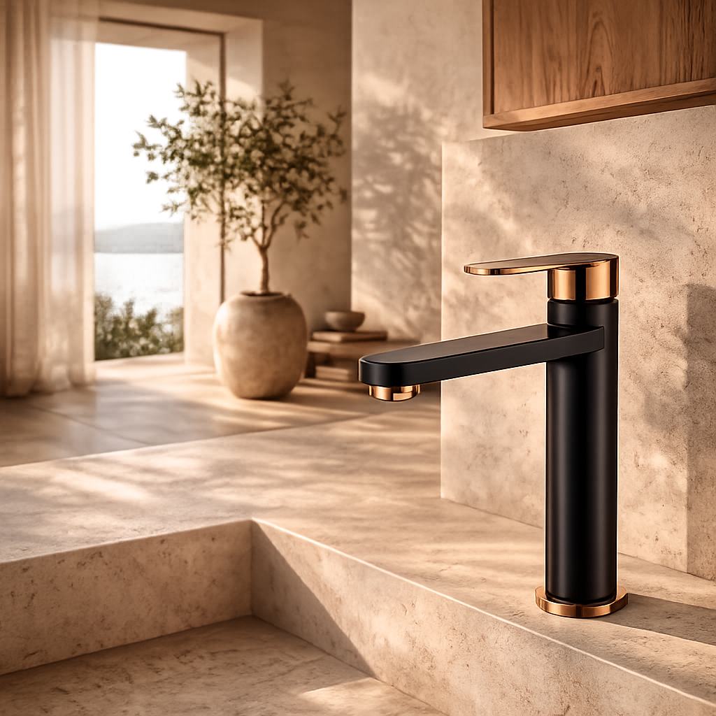 Modern matte black and brushed rose gold bathroom mixer in a Scandinavian-inspired penthouse bathroom interior.