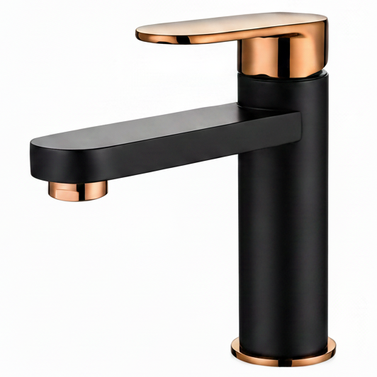 Modern black and brushed rose gold bathroom faucet with premium minimalist design in a warm contemporary penthouse interior advertising shot.