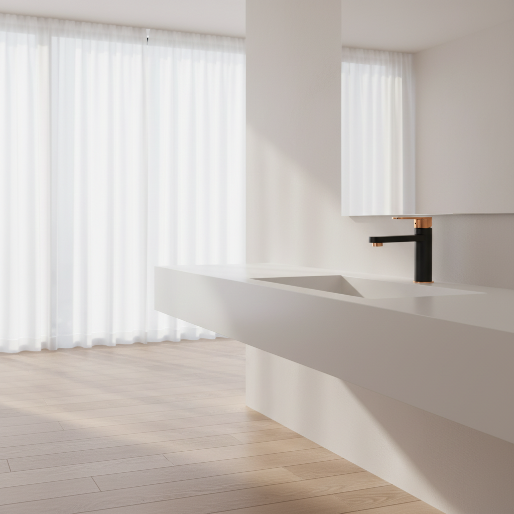 Luxury matte black and rose gold basin mixer tap in a Scandinavian minimalist penthouse bathroom setting with soft natural sunlight and warm neutral tones.