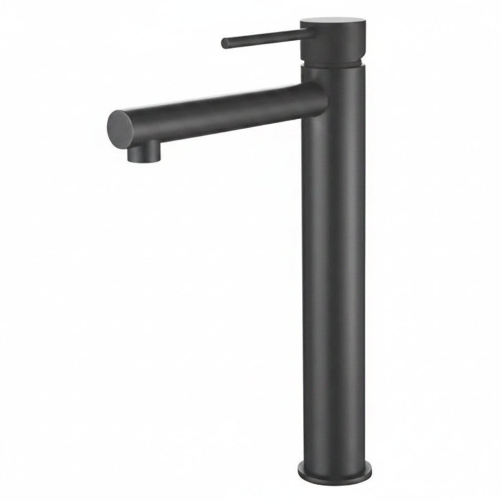 Matte black tall basin mixer tap styled in a luxury Scandinavian bathroom with soft natural sunlight and warm neutral interior