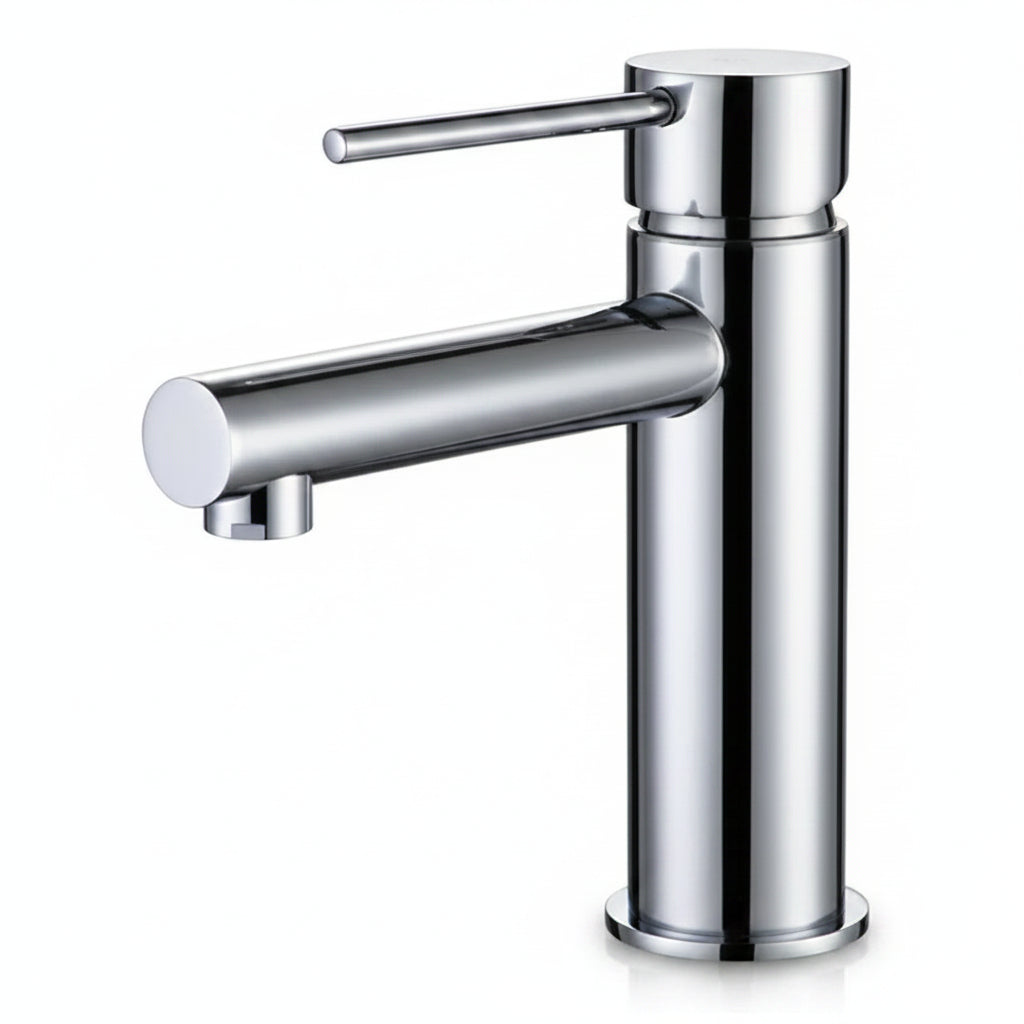 Elegant chrome basin mixer installed beside a round stone sink in a contemporary designer bathroom interior