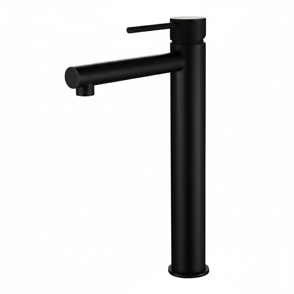 Designer black bathroom tapware styled in a modern penthouse bathroom with minimalist Scandinavian interior File Name: