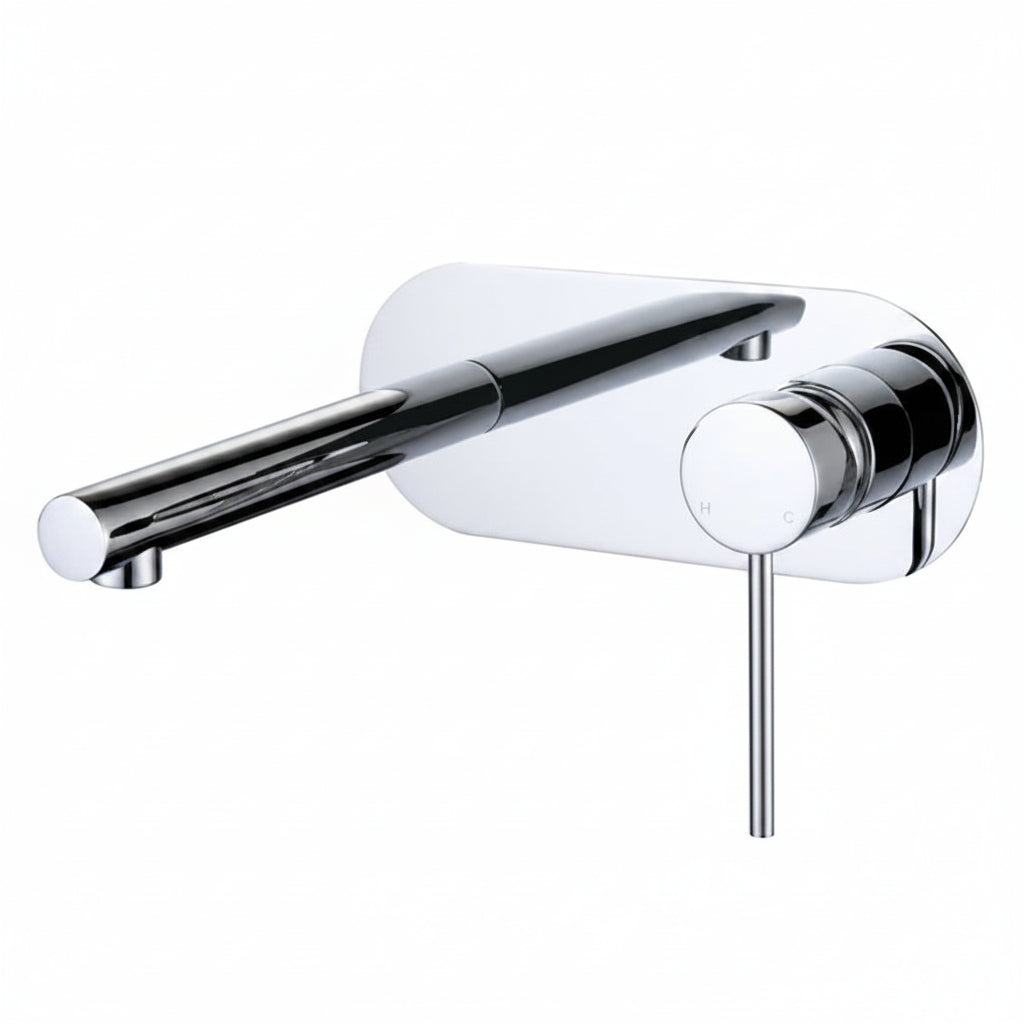 Luxury chrome wall mounted basin mixer in a Scandinavian style penthouse bathroom with soft natural sunlight.