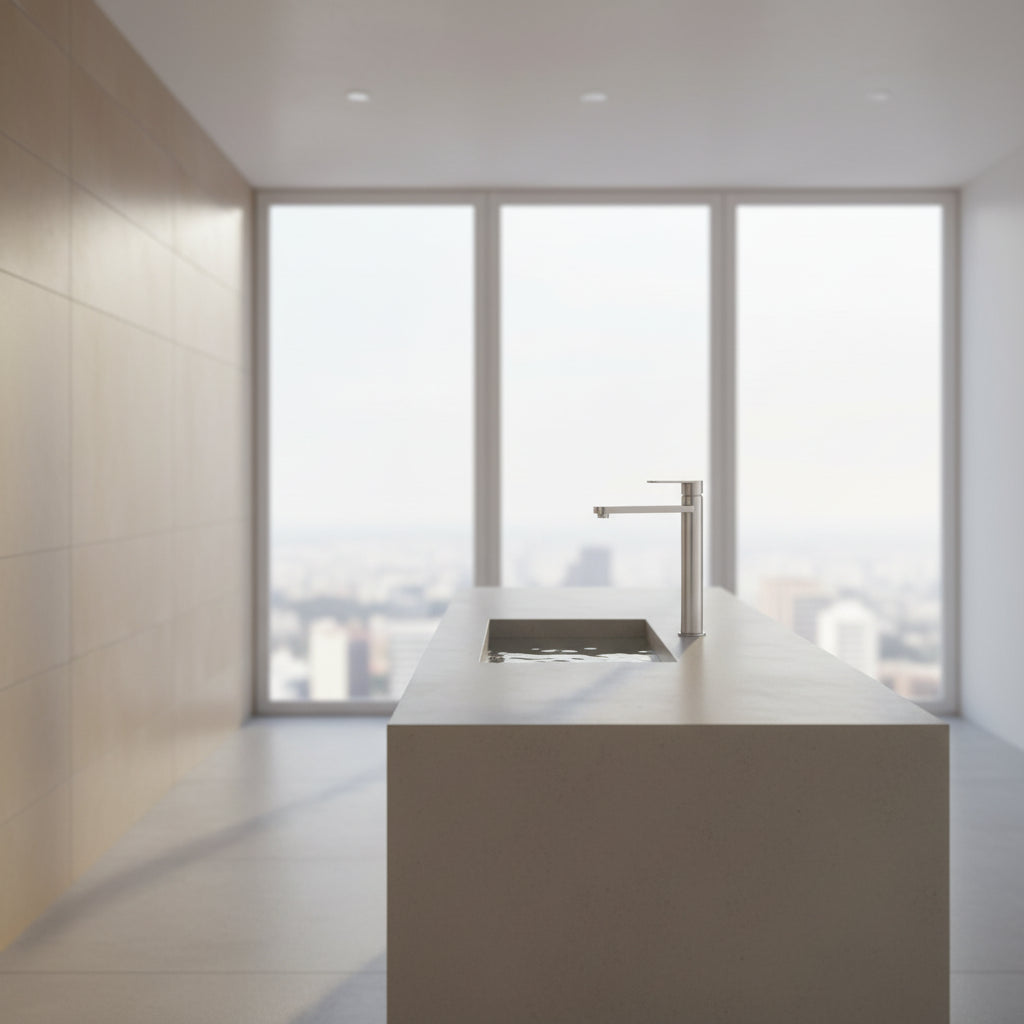 Tall Basin Mixer Brushed Nickel styled in a modern Sydney home bathroom | Luxury tapware by TWC