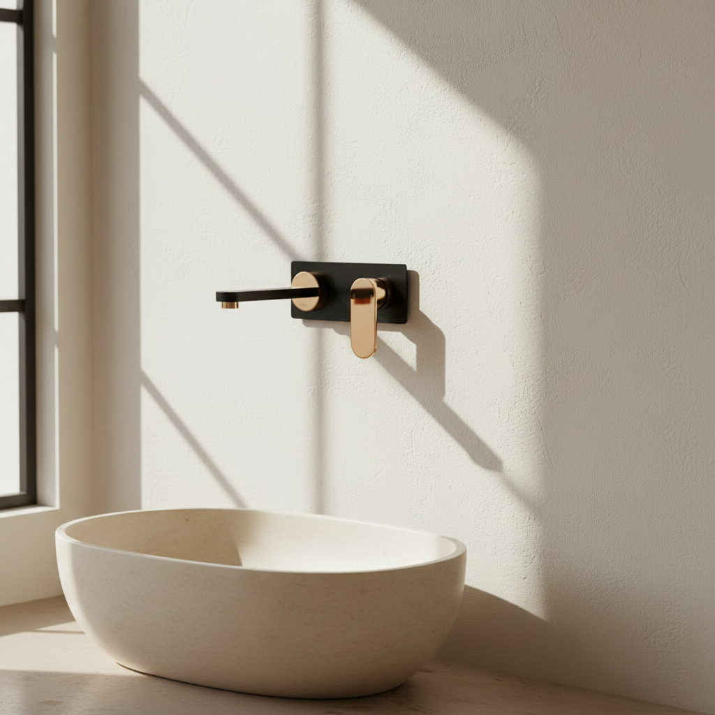 Vetto Wall Basin Mixer Matte Black & Rose Gold styled in a modern Sydney home bathroom | Premium tapware by TWC