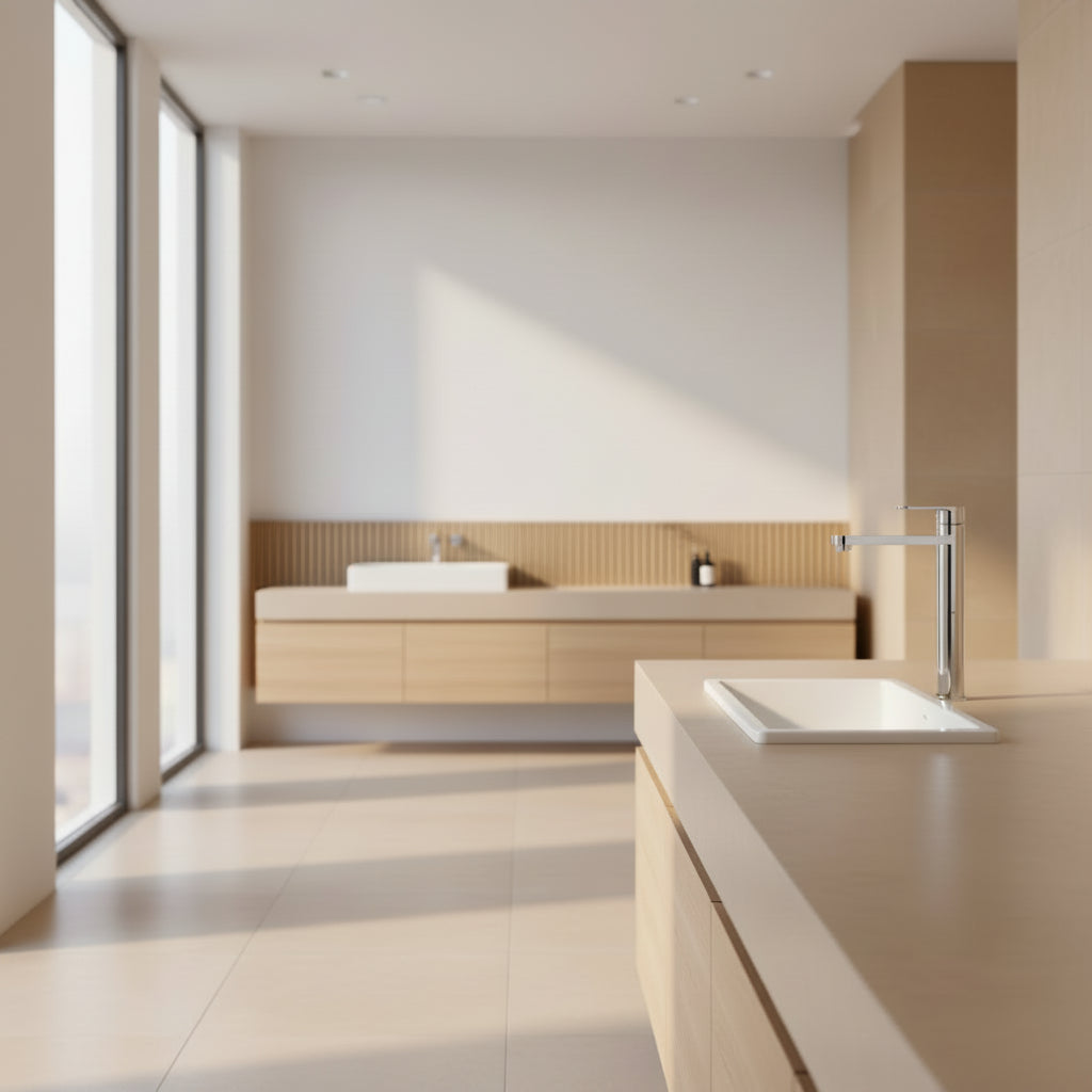 Vetto Tall Basin Mixer Chrome styled in a modern Sydney living home bathroom | Luxury tapware by TWC