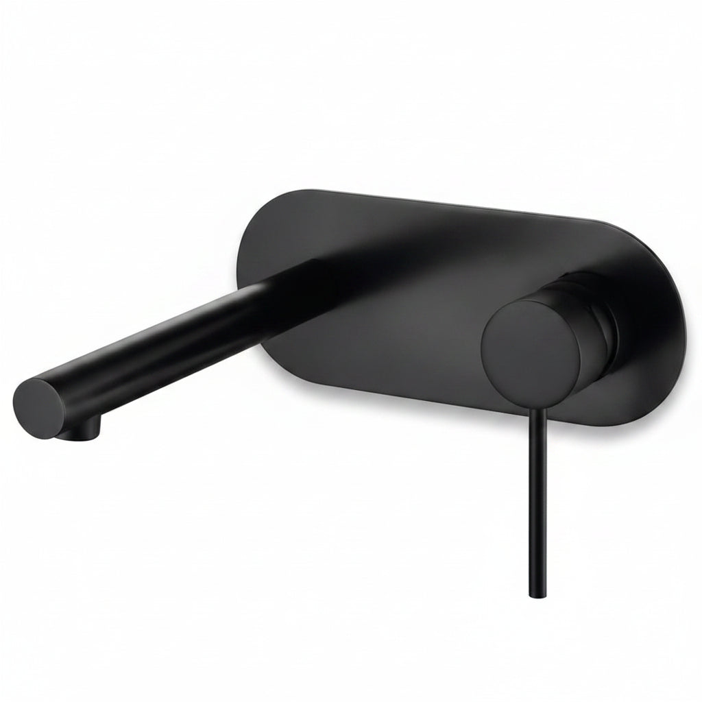 Modern matte black wall-mounted basin mixer tap in a luxury minimalist bathroom with warm ambient lighting and stone basin