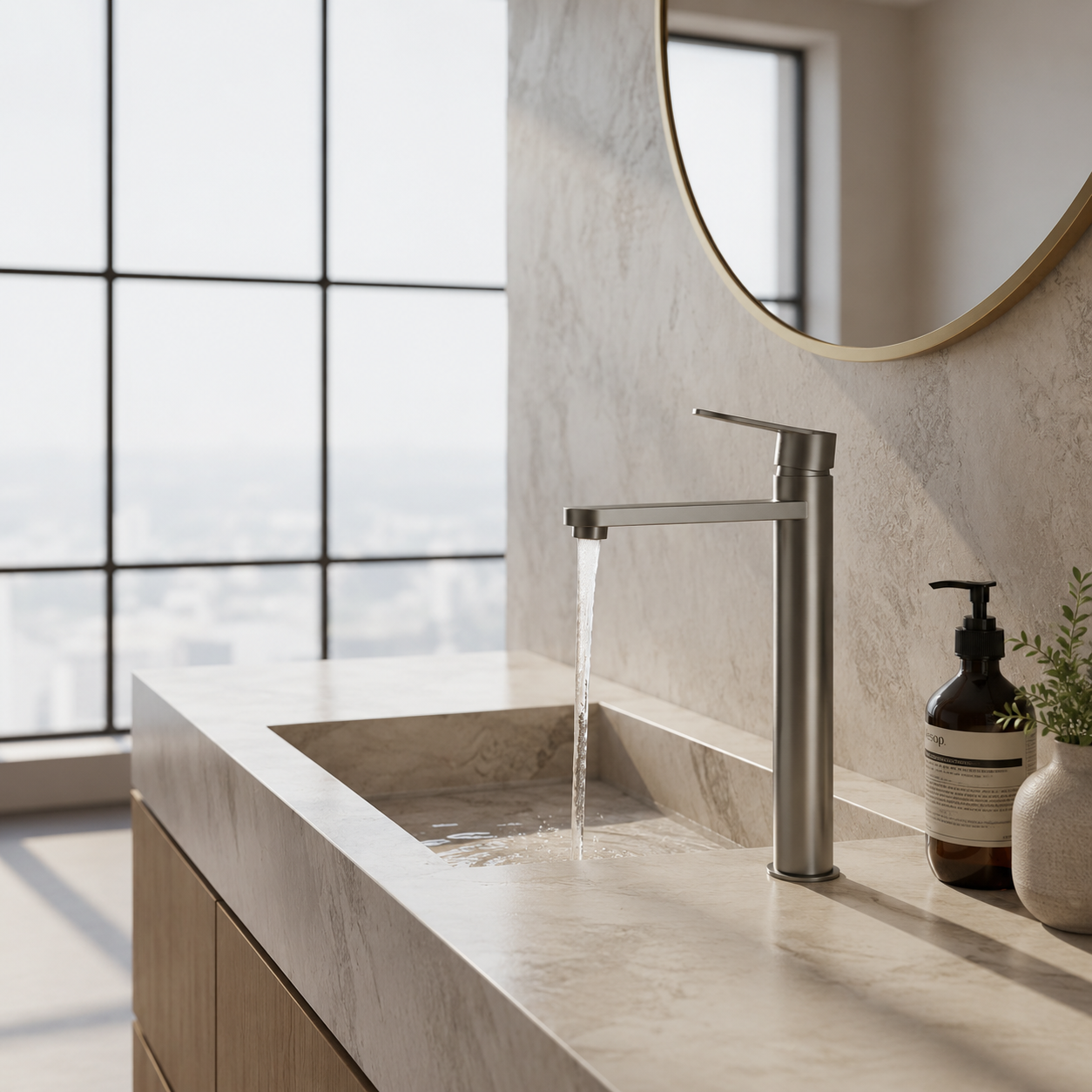 Vetto Lead Free Tall Basin Mixer Gun Metal styled in a modern Sydney home bathroom | Luxury tapware by TWC